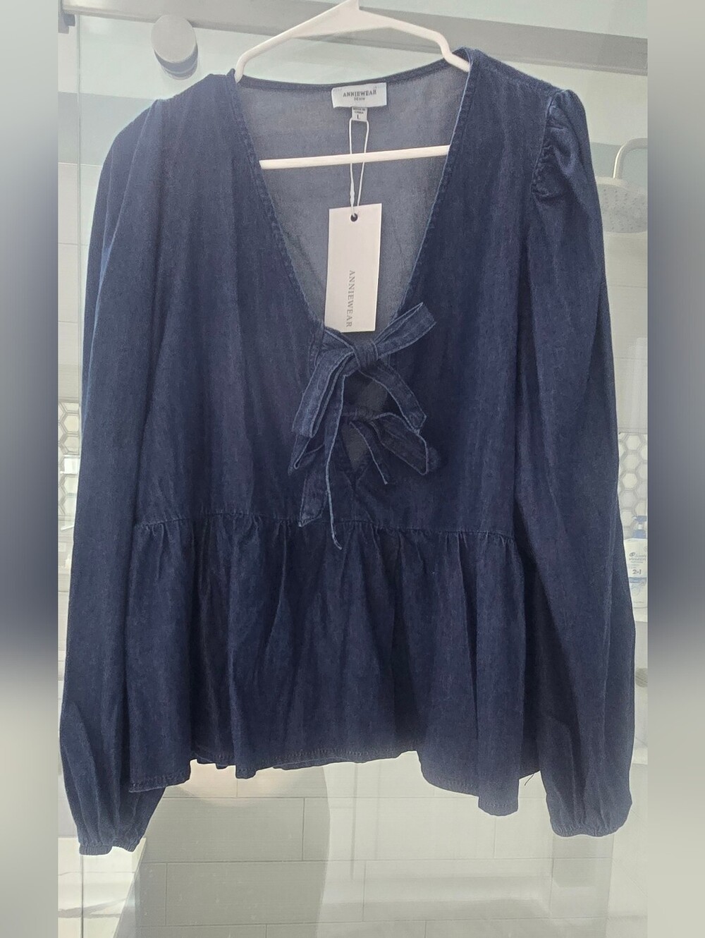 Navy Denim Peplum Tie-Front Top